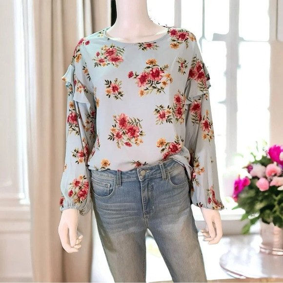 Vine & Love Light Blue Rosy Ruffle Sleeve Blouse - Picture 2 of 3